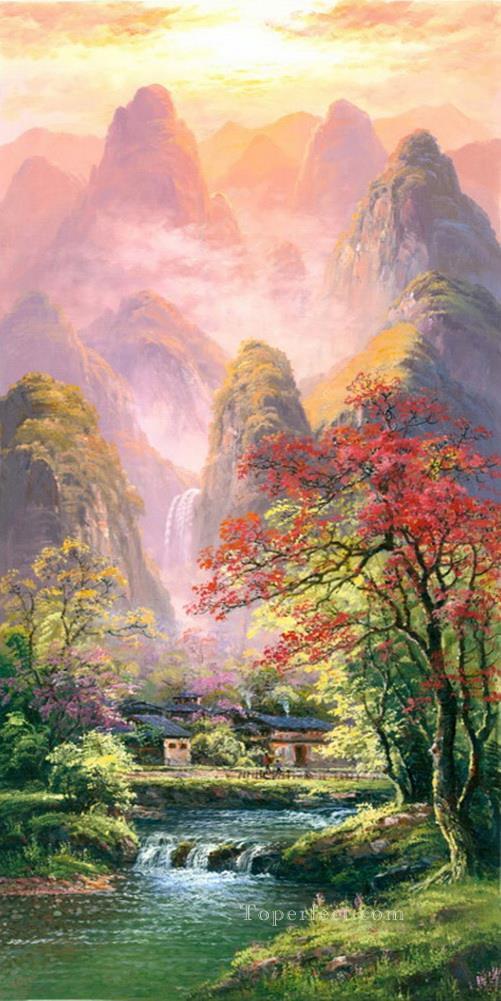 風景 山のシーン 木の滝 川 0 882油絵